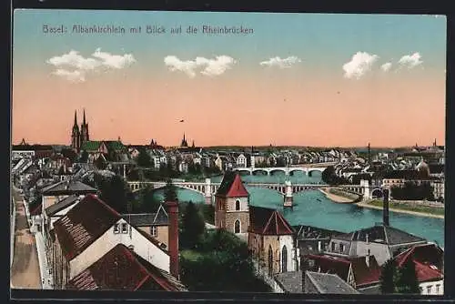 AK Basel, Albankirchlein mit Blick auf die Rheinbrücken