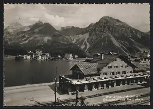 AK Arosa, Bahnhof mit Schiesshorn und Furkahörnern