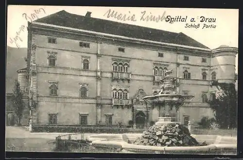 AK Spittal a. Dr., Schloss Portia mit Brunnen