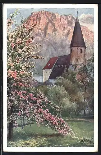 Künstler-AK Altmünster bei Gmunden, Ortspartie mit Kirche