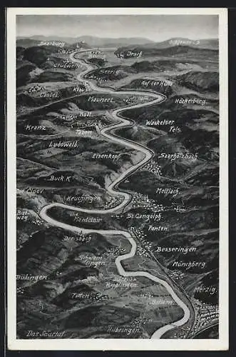 AK Saarburg, Das Saartal, Landkarte mit Ortsbezeichnungen