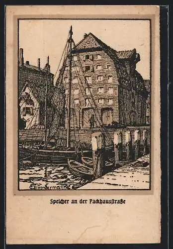 Künstler-AK Alt-Kiel, Speicher an der Packhaustrasse