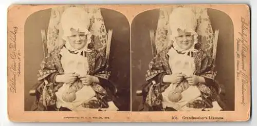 Stereo-Fotografie Underwood & Underwood, Baltimore / MD., Mädchen als Grossmutter verkleidet, Grandmothers Likeness
