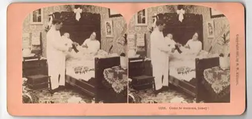 Stereo-Fotografie B. W. Kilburn, Littleton, Vater übergibt sein Kind an die Mutter im Bett, Mutterglück