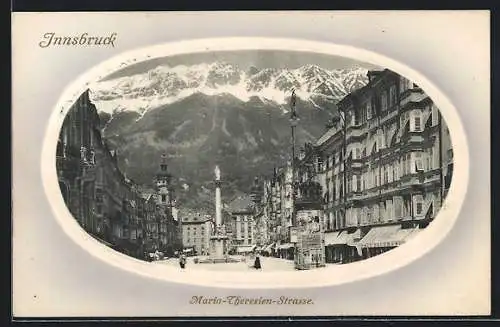 Präge-AK Innsbruck, Maria-Theresien-Strasse mit Geschäften und Denkmal, Passepartout