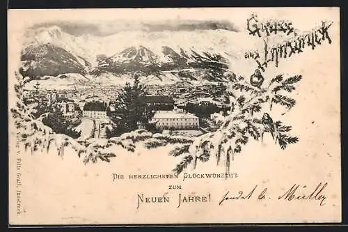 AK Innsbruck, Teilansicht mit Bergen im Winter, Neujahrsgruss