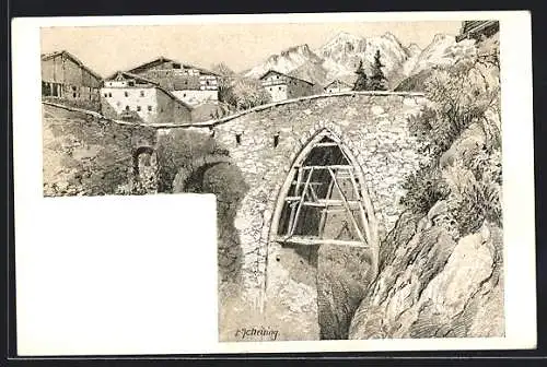 Künstler-AK Grins a. d. Arlbergbahn, Uralte Brücke über das Mühlbachtobel