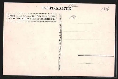Künstler-AK Grins a. d. Arlbergbahn, Uralte Brücke über das Mühlbachtobel