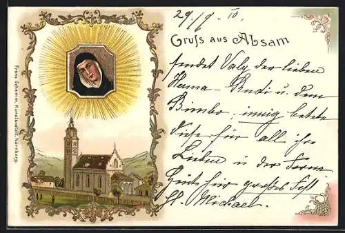 Präge-Lithographie Absam, Kirche mit Marienbild