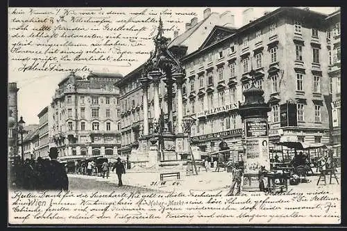 AK Wien, Hoher Markt mit Geschäften und Denkmal