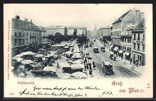 AK Wien, Naschmarkt mit Strassenbahnen und Markt