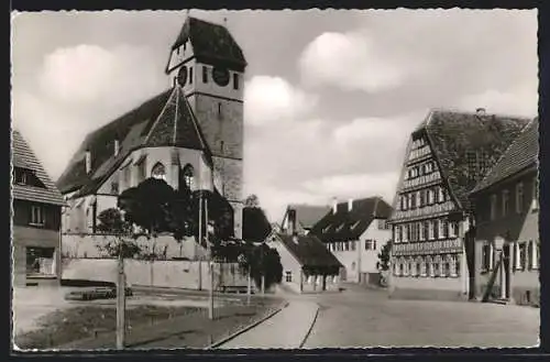 AK Magstadt bei Stuttgart, Strassenpartie mit Kirche