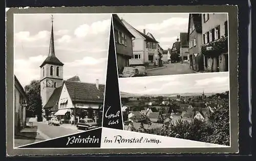 AK Beinstein im Remstal /Wttbg., Strassenpartie mit Geschäften, Kirche, Teilansicht