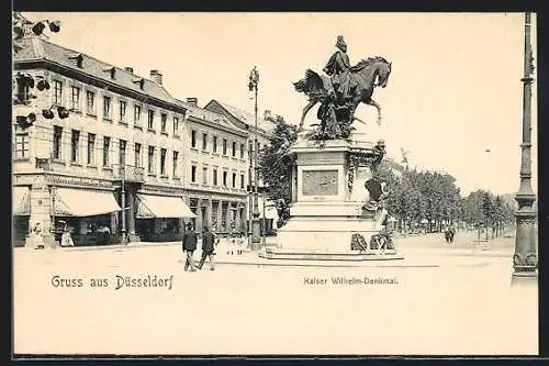 AK Düsseldorf, Strassenpartie mit Delicatessenhandlung und Kaiser Wilhelm-Denkmal