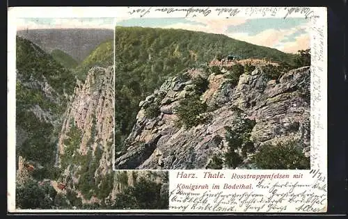 AK Thale /Harz, Rosstrappenfelsen mit Königsruh im Bodethal