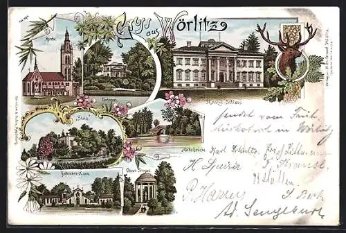 Lithographie Wörlitz, Herzogl. Schloss, Gothisches Haus, Pantheon