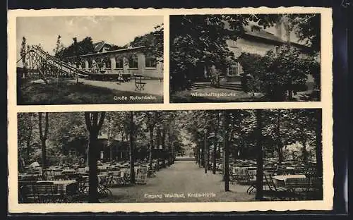 AK Dölau b. Halle, Gasthaus Waldlust-Knollshütte, Eingang, Grosse Rutschbahn