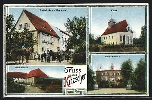 AK Kitzscher, Gasthof zum wilden Mann, Schloss, Kirche