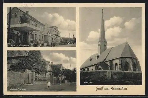 AK Neukirchen-Wyhra, Post und Gasthof, Kirche, Dorfstrasse