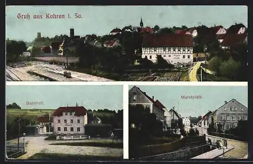 AK Kohren /Sa., Ortsansicht, Bahnhof, Marktplatz