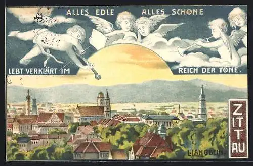 Künstler-AK Zittau, 13. Oberlausitzer Bundesgesangsfest 1914, Ortsansicht