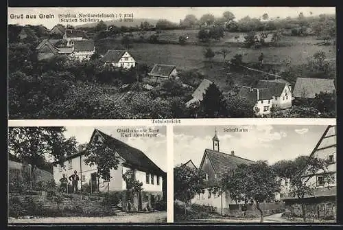 AK Grein, Gasthaus zur Rose, Schulhaus, Totalansicht