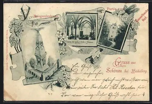 AK Schönau bei Heidelberg, Hotel Hasselbacher Hof, Inneres der protestantischen Kirche, Kriegerdenkmal