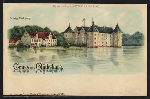 Lithographie Glücksburg /Ostsee, Schloss vom Wasser gesehen