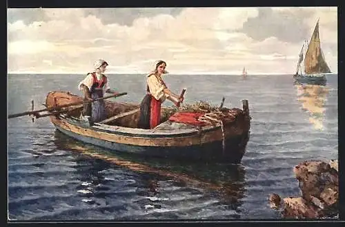 Künstler-AK Sibenik /Dalmatien, Zwei Frauen im Ruderboot