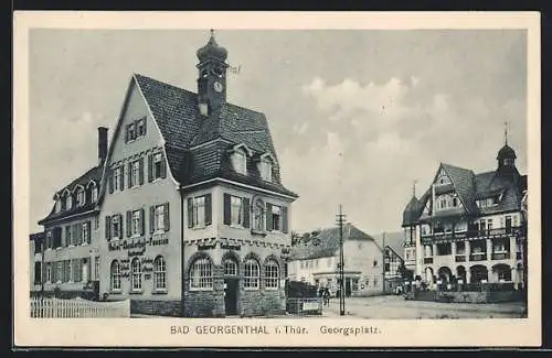 AK Bad Georgenthal i. Thür., Georgsplatz mit Hotel Klosterhof und Hotel Deutscher Hof