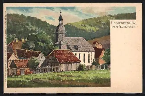 Lithographie Finsterbergen, Blick vom Felsenstein auf die Kirche