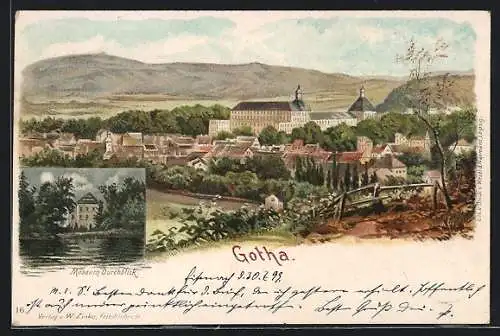Lithographie Gotha, Durchblick zum Museum, Teilansicht mit Schloss Friedenstein