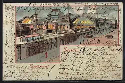 Lithographie Dresden, Hauptbahnhof mit Strassenbahn