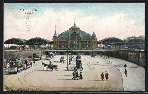 AK Halle a. S., Bahnhof mit Strassenbahn