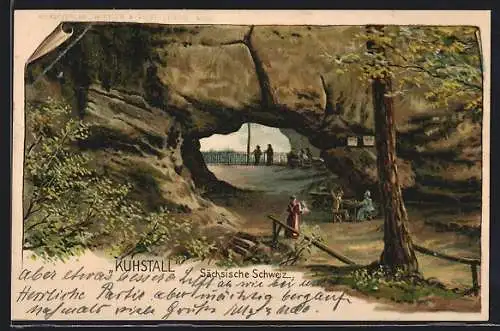Lithographie Bad Schandau, Spaziergänger am Kuhstall
