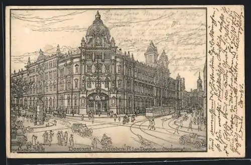 Künstler-AK Dresden, Altstadt, Postamt am Postplatz mit Strassenbahn