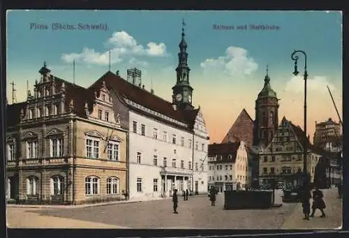 AK Pirna, Teilansicht mit Rathaus und Stadtkirche