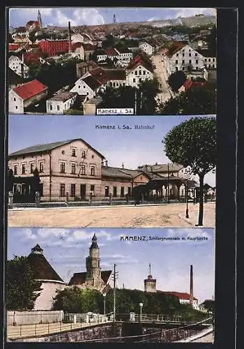 AK Kamenz /Sa., Bahnhof, Schillerpromenade mit Kirche, Teilansicht
