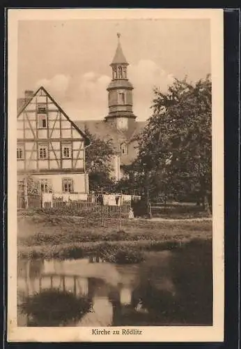AK Rödlitz, Kirche, vom Wasser gesehen
