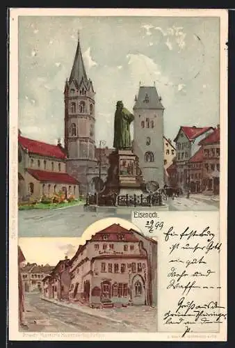 Künstler-AK Eisenach, Lutherdenkmal und Nikolaikirche, Luther-Haus