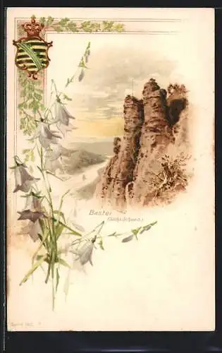 Lithographie Bastei /Sächs. Schweiz, Ortsansicht mit Strasse, Glockenblumen, Wappen