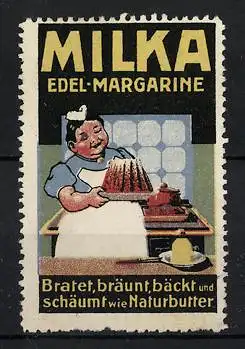 Reklamemarke Milka Edel-Margarine - brät, bräunt, bäckt und schäumt wie Naturbutter, Hausfrau mit Kuchen