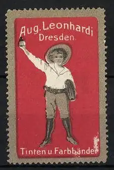 Reklamemarke Tinten und Farbbänder von Aug. Leonhardi, Dresden, Schuljunge mit Tintenfässchen