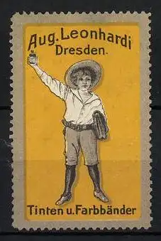 Reklamemarke Tinten und Farbbänder von Aug. Leonhardi, Dresden, Schuljunge mit Tintenfässchen