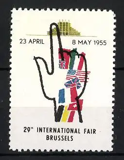 Reklamemarke Brüssel, 29. International Fair 1955, Messelogo Hand mit Flaggen