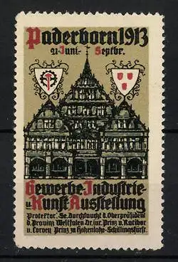 Reklamemarke Paderborn, Gewerbe-, Industrie- und Kunst-Ausstellung 1913, Haus und Wappen