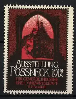 Reklamemarke Pössneck, Ausstellung für Gewerbe-, Industrie- und Landwirtschaft 1912, Ortsansicht