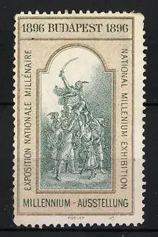 Reklamemarke Budapest, Millenium-Ausstellung 1896, Untertanen lassen den Herrscher hoch leben