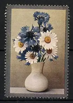 Reklamemarke Kornblumen und Margaritten in einer Blumenvase