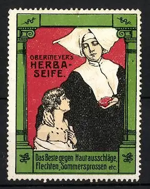 Reklamemarke Obermeyer's Herba-Seife, das Beste gegen Hautausschläge und Flechten, Nonne mit Jungen